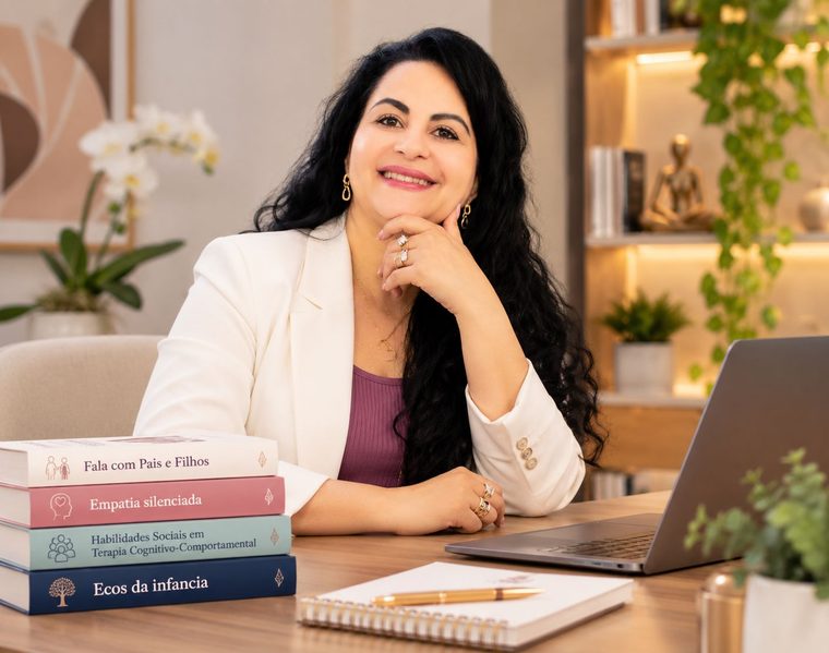 Psicóloga Edilma Vieira em sua mesa no consultório em Campinas, com notebook, caderno e livros