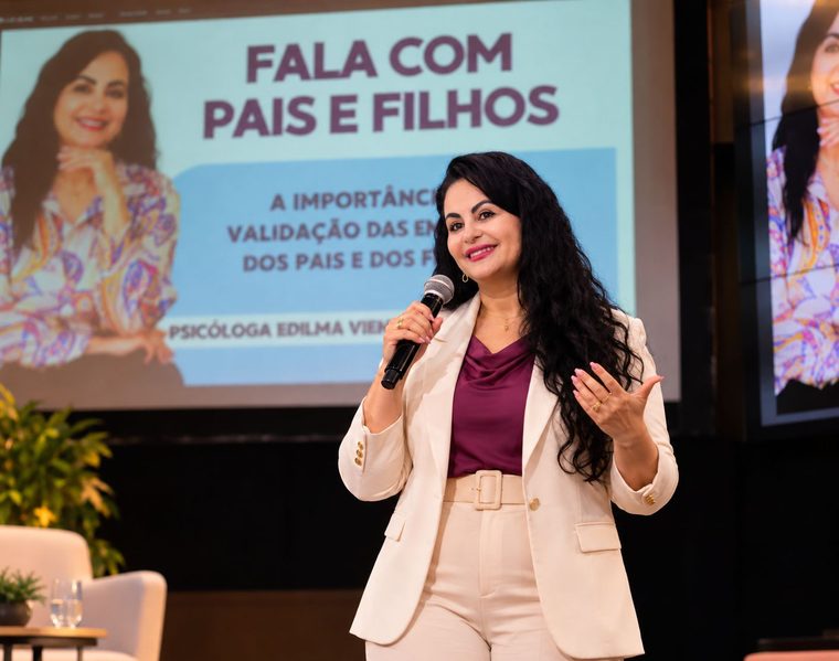 Edilma Vieira palestrando no evento Fala com Pais e Filhos, sobre a importância da validação das emoções de pais e filhos